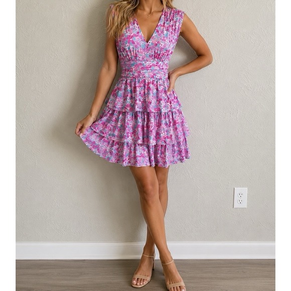 Lilly Pulitzer Dresses & Skirts - Lilly Pulitzer Floral Tiered Dress Pink Blue Open Back Women's  Sz M
